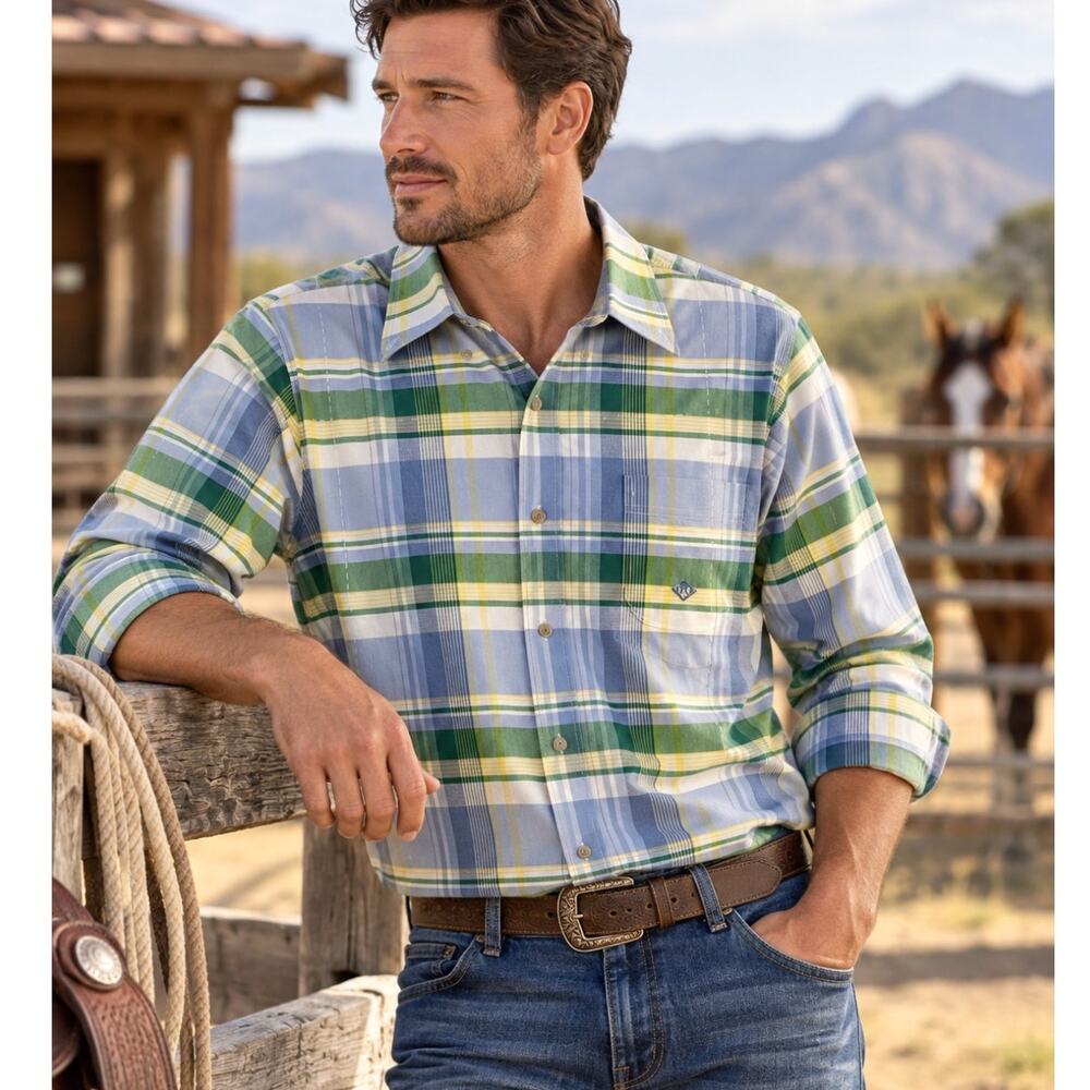Roper Mens Plaid Shirt Size M Green Blue Cotton Western Cowboy Ranch Button Up